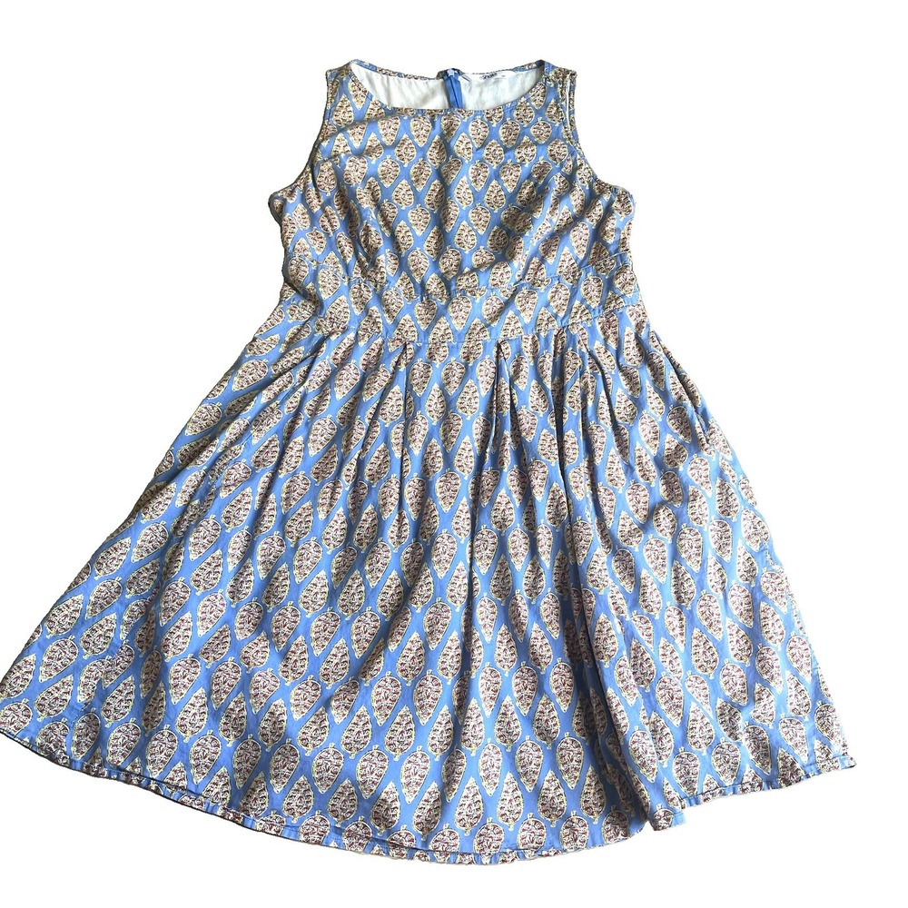 eShakti Dress 14W Blue Cotton Paisley Block Print Flare Boho Short Sundress